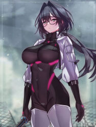Rule 34 | 1girl, arms at sides, black hair, bodysuit, boots, breasts, covered navel, cropped jacket, cyborg, glasses, grey eyes, hair intakes, highres, holding, holding sword, holding weapon, jacket, katana, large breasts, long hair, looking at viewer, low ponytail, open clothes, open jacket, original, science fiction, skin tight, solo, sword, thigh boots, weapon, yoineya