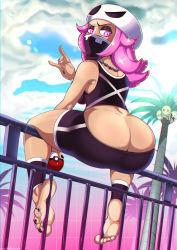 Rule 34 | 10s, 1girl, alolan exeggutor, alolan form, alternate color, ankle ribbon, ankle wrap, ass, bad id, bad pixiv id, bandana, bandana over mouth, barefoot, between toes, bike shorts, bike shorts pull, black nails, blouse, blue sky, butt crack, chromatic aberration, cloud, creatures (company), day, dutch angle, eyeshadow, feet, flipped hair, from behind, full body, game freak, gen 7 pokemon, grid, hand gesture, hat, highres, holding, holding poke ball, huge ass, jewelry, leg ribbon, lens flare, looking at viewer, looking back, makeup, nail polish, necklace, nintendo, no panties, no shoes, npc trainer, pink eyes, pink hair, pink nails, poke ball, poke ball (basic), pokemon, pokemon (creature), pokemon sm, railing, ribbon, shadman, shirt, sidelocks, sitting, sky, sleeveless, sleeveless shirt, soles, sweat, team skull, team skull grunt, toe ring, toenail polish, toenails, toes