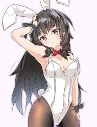 Rule 34 | 1girl, alternate costume, animal ears, armpits, bare shoulders, black hair, blush, bow, bowtie, breasts, rabbit ears, rabbit tail, cleavage, commentary request, covered navel, detached collar, fake animal ears, gluteal fold, hair ribbon, halkawa501, hand on own head, highres, isokaze (kancolle), kantai collection, long hair, looking at viewer, medium breasts, pantyhose, playboy bunny, red eyes, ribbon, simple background, smile, solo, tail, tress ribbon, white background, wrist cuffs