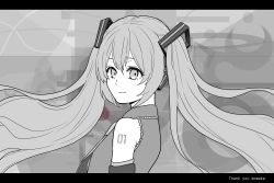 Rule 34 | 1girl, greyscale, hatsune miku, headset, highres, letterboxed, long hair, monochrome, pami a117, solo, song request, twintails, upper body, very long hair, vocaloid, wowaka