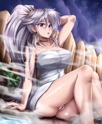 Rule 34 | 1girl, arm up, breasts, fire emblem, fire emblem: genealogy of the holy war, fire emblem heroes, highres, ishtar (fire emblem), jewelry, large breasts, necklace, nintendo, onsen, purple hair, pussy, side ponytail, sitting, solo, steam, towel, vilde loh hocen, wet