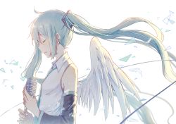 Rule 34 | 1girl, ahoge, angel wings, aqua hair, aqua necktie, breath of fire, closed eyes, collared shirt, detached sleeves, feathered wings, from side, hatsune miku, highres, holding, holding microphone, long hair, long twintails, microphone, mimengfeixue, necktie, shirt, simple background, single wing, solo, twintails, upper body, vocaloid, white background, white shirt, wings