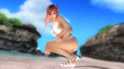 Rule 34 | 1girl, 3d, beach, bikini, breasts, cleavage, cloud, dead or alive, dead or alive 5, female focus, full body, honoka (doa), kneeling, large breasts, nature, official art, outdoors, pink eyes, pink hair, plant, sky, smile, solo, swimsuit, tecmo, wallpaper, white bikini