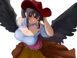 Rule 34 | 1girl, absurdres, bandana, bare shoulders, black hair, black wings, breasts, brown hat, cleavage, closed mouth, cowboy hat, dress, hat, highres, kurokoma saki, large breasts, looking at viewer, moriforest1040, multicolored clothes, multicolored dress, pegasus wings, red eyes, short sleeves, simple background, solo, touhou, white background, white bandana, wings