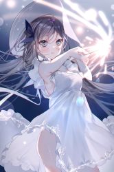 Rule 34 | 1girl, ass, bare shoulders, blue background, blue ribbon, blurry, blurry background, blurry foreground, blush, brown hair, cowboy shot, dress, fireworks, grey eyes, hair ribbon, hat, highres, holding, holding clothes, holding fireworks, holding hat, light, light particles, long hair, looking at viewer, miwano rag, open mouth, original, outstretched arm, ribbon, sleeveless, sleeveless dress, solo, sparkler, standing, white dress, white hat, wind