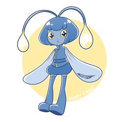 Rule 34 | antennae, blue footwear, blue hair, blue shorts, blue skin, blue skirt, chinchou, colored skin, creatures (company), full body, game freak, gen 2 pokemon, long sleeves, mary cagle, monster girl, nintendo, open mouth, personification, pokemon, puffy shorts, puffy sleeves, short hair, shorts, skirt, solo, white background, yellow eyes