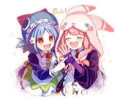 Rule 34 | 2girls, :d, ^ ^, absurdres, animal ears, animal hat, animal hood, blue hair, blue headwear, blue shirt, blue skirt, blush, bug, center frills, closed eyes, commentary request, copyright request, elbow gloves, fake animal ears, fingerless gloves, flower, food, frilled hat, frills, fruit, gloves, hair flower, hair ornament, hat, heart, highres, hood, hood up, insect, ladybug, long hair, long sleeves, multiple girls, open mouth, parted bangs, pink hair, puffy long sleeves, puffy sleeves, purple gloves, purple shirt, red eyes, round teeth, shirt, skirt, smile, sofra, sparkle, strawberry, striped clothes, striped gloves, teeth, upper teeth only, vertical-striped clothes, vertical-striped gloves, vest, white background, white flower, white vest