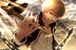Rule 34 | 1boy, :d, black jacket, blonde hair, chain, cloud, cloudy sky, cropped jacket, day, enkidu (weapon) (fate), fate/stay night, fate (series), fingernails, foreshortening, gilgamesh (fate), jacket, koruta (nekoimo), lance, light rays, long sleeves, looking at viewer, male focus, motion blur, official alternate costume, open clothes, open jacket, open mouth, outdoors, polearm, red eyes, shirt, sky, smile, solo, sunbeam, sunlight, tsurime, upper body, v-shaped eyebrows, weapon, white shirt