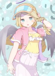 Rule 34 | 1girl, adjusting hair, angel wings, asymmetrical hair, black wings, blue eyes, blush, braid, collarbone, eyelashes, feathers, frilled shirt, frills, hair ribbon, halo, highres, jazz grace, layered shirt, lens flare, light brown hair, lisette (puyopuyo), long braid, long hair, looking at viewer, multicolored clothes, official alternate costume, open clothes, open mouth, open shirt, pink shirt, pleated skirt, purple halo, puyopuyo, puyopuyo quest, ribbon, shirt, short sleeves, skirt, tied skirt, twin braids, visor cap, white skirt, wings, wristband, yellow ribbon, yellow shirt