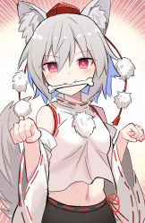 Rule 34 | 1girl, animal ears, bare shoulders, black skirt, blush, bone, detached sleeves, e.o., emphasis lines, grey hair, hair between eyes, hat, highres, inubashiri momiji, japanese clothes, mouth hold, navel, pom pom (clothes), red eyes, red hat, ribbon-trimmed sleeves, ribbon trim, short hair, skirt, smile, solo, tail, tokin hat, touhou, upper body, wide sleeves, wolf ears, wolf tail
