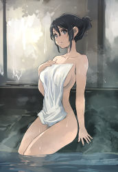 Rule 34 | 1girl, black eyes, black hair, breasts, commentary, covering privates, hair between eyes, hand on own chest, looking at viewer, matsumoto noriyuki, medium breasts, naked towel, nude, nude cover, onsen, original, parted lips, rock, short hair, short ponytail, sidelocks, sitting, soaking feet, solo, steam, towel, water, wet, white towel