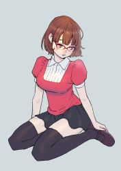 Rule 34 | black thighhighs, blush, bob cut, brown hair, collared shirt, glasses, grey background, highres, looking down, looking to the side, mary janes, miniskirt, open mouth, original, peco (pockleberry), puffy short sleeves, puffy sleeves, purple eyes, semi-rimless eyewear, shirt, shoes, short hair, short sleeves, simple background, sitting, skirt, thighhighs, tight clothes, tight shirt, tight shoes, yokozuwari