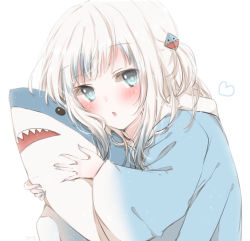 Rule 34 | 1girl, animal costume, blue eyes, blue hair, blush, gawr gura, hair ornament, hiro (hirohiro31), hololive, hololive english, long sleeves, looking at viewer, multicolored hair, shark costume, shark hair ornament, silver hair, solo, streaked hair, stuffed animal, stuffed shark, stuffed toy, two side up, virtual youtuber, white background, wide sleeves
