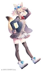 Rule 34 | 1girl, ahoge, animal ears, bandaid, bandaid on leg, black jacket, black thighhighs, blonde hair, blue bow, boots, bow, bowtie, cross-laced footwear, full body, hair bow, hair ornament, hairclip, hand up, heart, heart-shaped pupils, hololive, jacket, long sleeves, looking at viewer, medium hair, official art, omaru polka, open clothes, open jacket, open mouth, pink hair, red bow, red bowtie, riichu, simple background, skirt, smile, standing, strapless, symbol-shaped pupils, teeth, thighhighs, upper teeth only, v, virtual youtuber, white background, white footwear, zettai ryouiki