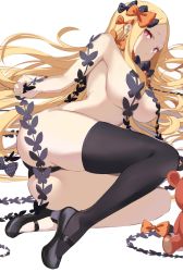 Rule 34 | 1girl, abigail williams (fate), abigail williams (second ascension) (fate), aged up, alternate breast size, ass, asymmetrical legwear, black footwear, black panties, black thighhighs, blonde hair, blush, breasts, convenient censoring, fate/grand order, fate (series), forehead, high heels, highres, large breasts, legs, long hair, looking at viewer, lying, mary janes, on side, panties, parted bangs, red eyes, shoes, sideboob, sidelocks, single thighhigh, spider apple, stuffed animal, stuffed toy, teddy bear, thighhighs, underwear, very long hair
