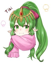 Rule 34 | 1girl, character name, closed mouth, commentary request, cropped shoulders, eyelashes, fire emblem, fire emblem: mystery of the emblem, green eyes, green hair, high ponytail, highres, long hair, nintendo, otokajife, pink scarf, pointy ears, scarf, simple background, smile, solo, tiara, tiki (fire emblem), tiki (young) (fire emblem), upper body, white background