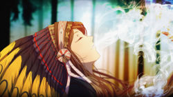 Rule 34 | 1girl, anime coloring, blurry, brown hair, closed eyes, depth of field, eyelashes, forest, head back, headdress, long hair, native american, native american headdress, nature, omar enm, original, parted lips, profile, smoke, smoking, solo, teeth, traditional clothes, upper body