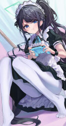 Rule 34 | 1girl, absurdres, apron, aqua ribbon, aris (blue archive), aris (maid) (blue archive), black dress, black hair, blue archive, blue eyes, blush, controller, dress, feet, game controller, halo, highres, holding, holding controller, holding game controller, knees up, legs, long hair, looking at viewer, maid, maid headdress, neck ribbon, no shoes, pantyhose, pinafore dress, ponytail, pout, puffy short sleeves, puffy sleeves, ribbon, rosu 1109, short sleeves, sitting, sleeveless, sleeveless dress, solo, toes, v-shaped eyebrows, very long hair, white apron, white pantyhose