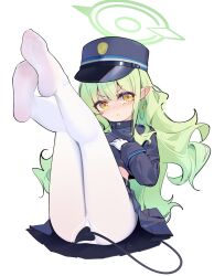 Rule 34 | 1girl, absurdres, black tail, blue archive, blush, closed mouth, demon tail, earrings, feet, feet up, full body, gloves, green hair, green halo, halo, hat, highres, hikari (blue archive), jewelry, legs, legs up, long hair, long sleeves, looking at viewer, no shoes, painterliuhao, panties, panties under pantyhose, pantyhose, peaked cap, pointy ears, simple background, skirt, solo, tail, underwear, white background, white gloves, white panties, white pantyhose, yellow eyes