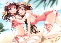 Rule 34 | 2girls, :o, absurdres, all fours, ancotaku, artist name, ass, bare arms, bare shoulders, beach, bikini, blue eyes, blue sky, blurry, blurry foreground, borrowed character, breasts, brown hair, cleavage, cloud, cloudy sky, collarbone, crossover, day, depth of field, dutch angle, fang, flower, hair flower, hair ornament, head wreath, highres, horizon, large breasts, leaf, long hair, looking at viewer, mole, mole under eye, multiple girls, navel, ocean, one-piece swimsuit, open mouth, original, outdoors, parted lips, pink bikini, pink one-piece swimsuit, polka dot, polka dot bikini, polka dot swimsuit, sand, scan, shadow, side-tie bikini bottom, sidelocks, sitting, skindentation, sky, stomach, sunlight, swimsuit, thigh strap, thighs, water, wavy hair, x hair ornament, yellow flower