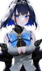 Rule 34 | 1girl, backlighting, black shirt, blue bow, blue eyes, blue hair, blush, botte, bow, bow earrings, bowtie, breasts, chain, chain headband, cleavage, closed mouth, commentary, detached sleeves, ear piercing, earrings, eyelashes, hair intakes, head chain, heart-shaped gem, highres, holocouncil, hololive, hololive english, impossible clothes, jewelry, large breasts, looking at viewer, ouro kronii, ouro kronii (1st costume), piercing, shirt, short hair, simple background, smile, solo, striped, turtleneck, underboob, undershirt, upper body, vertical stripes, virtual youtuber, white background, white shirt, zipper