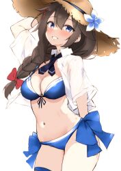 Rule 34 | 1girl, bikini, blue bikini, blue eyes, blush, bow, braid, breasts, brown hair, brown hat, cleavage, flower, hair bow, hair ornament, hat, hat flower, highres, kantai collection, long hair, looking at viewer, medium breasts, official art, red bow, shigure (kancolle), short sleeves, simple background, single braid, solo, straw hat, swimsuit, twin braids, white background, zarashi
