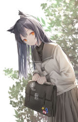 Rule 34 | 0 (znanimo), 1girl, absurdres, alternate costume, animal ears, arknights, bag, black hair, black sailor collar, black skirt, brown eyes, ear piercing, female focus, flat chest, highres, holding, holding bag, long hair, long sleeves, looking at viewer, parted lips, penguin logistics logo, piercing, pleated skirt, sailor collar, school bag, school uniform, serafuku, shirt, skirt, solo, symbol-only commentary, texas (arknights), tree, upper body, white background, white neckwear, white shirt, wolf ears