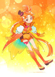 1boy ahoge black_hat blurry bokeh boots brooch closed_mouth coattails commentary cure_wing depth_of_field earrings feather_hair_ornament feathers frilled_shorts frills gloves hair_ornament hat highres hirogaru_sky!_precure jacket jewelry knee_boots kyanos_(b_0000ff) layered_gloves leaning_forward leg_ribbon long_hair looking_at_viewer low_ponytail magical_boy male_focus mini_hat mini_top_hat orange_background orange_boots orange_gloves orange_hair orange_jacket orange_shorts orange_theme orange_vest ponytail precure puffy_short_sleeves puffy_sleeves red_eyes red_ribbon ribbon short_shorts short_sleeves shorts smile solo sparkle standing tilted_headwear top_hat vest wing_brooch yuunagi_tsubasa