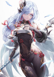 Rule 34 | 1girl, blue eyes, blue nails, bodysuit, braid, breast curtain, breasts, bridal gauntlets, capelet, chinese clothes, closed mouth, covered navel, cowboy shot, earrings, feathers, floating hair, genshin impact, gold trim, hair ornament, hair over one eye, highres, hip vent, holding, holding polearm, holding weapon, jewelry, large breasts, long hair, looking at viewer, low-braided long hair, low-tied long hair, mool yueguang, nail polish, polearm, shenhe (genshin impact), silver hair, solo, tassel, tassel earrings, thigh gap, very long hair, weapon