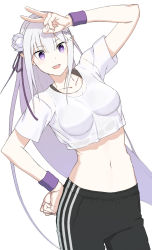 Rule 34 | 1girl, :d, alternate costume, black pants, blunt bangs, breasts, collarbone, cowboy shot, crop top, emilia (re:zero), flower, hair flower, hair ornament, hair ribbon, hand on own hip, leaning to the side, long hair, medium breasts, midriff, navel, open mouth, pants, purple eyes, purple ribbon, re:zero kara hajimeru isekai seikatsu, ribbon, see-through silhouette, shirt, short sleeves, simple background, sinigami0612, smile, solo, sportswear, standing, stomach, very long hair, white background, white flower, white hair, white shirt, wristband