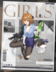 Rule 34 | 1girl, alcohol, animal charm, artist request, bag, barcode, black bag, black bra, black choker, black footwear, black pantyhose, blue necktie, blue shirt, blue skirt, blush, bottle, bra, breasts, brown hair, character name, choker, cleavage, collarbone, commentary, copyright name, drunk, english commentary, feet, full body, girls&#039; frontline, green jacket, grizzly mkv (elite on patrol) (girls&#039; frontline), grizzly mkv (girls&#039; frontline), gun, hair intakes, hair ornament, hairclip, handbag, high heels, highres, holding, holding bottle, holding gun, holding weapon, jacket, lanyard, lar grizzly win mag, large breasts, looking at viewer, lower teeth only, necktie, off shoulder, official alternate costume, official art, one eye closed, open mouth, pantyhose, paper, paperclip, partially unbuttoned, pencil skirt, plastic bag, police, police uniform, policewoman, promotional art, purple eyes, sake bottle, second-party source, shirt, shoes, short hair, short sleeves, sitting, skirt, solo, squeans, sunglasses, teeth, toes, torn clothes, torn pantyhose, trigger discipline, underwear, uniform, unworn jacket, unworn shoes, v-shaped eyebrows, weapon, yokozuwari