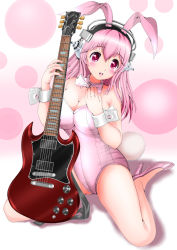 Rule 34 | 1girl, animal costume, blush, bow, bowtie, breasts, rabbit tail, playboy bunny, cleavage, electric guitar, guitar, headphones, high heels, instrument, large breasts, long hair, mashinatsu, nitroplus, pink eyes, pink hair, reiji-sss, solo, super sonico, tail, wrist cuffs