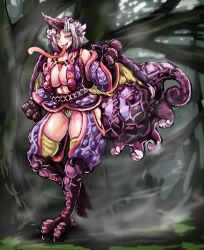 Rule 34 | 1girl, breasts, chameleos, claws, commentary request, crotchless, crotchless pants, detached sleeves, fundoshi, highres, japanese clothes, large breasts, long tongue, looking at viewer, medium hair, monster girl, monster hunter (series), no bra, pants, personification, red eyes, scales, smug, solo, tagme, tail, tongue, udetamago, white hair, wings