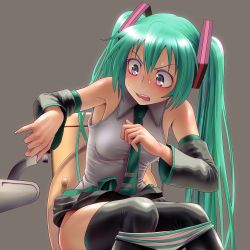 Rule 34 | 1girl, aqua eyes, aqua hair, armpits, black thighhighs, blush, breasts, commentary, detached sleeves, fingernails, grey background, hatsune miku, long hair, multicolored eyes, nail polish, necktie, no toilet paper, open mouth, panties, panty pull, pink eyes, simple background, sitting, small breasts, solo, striped clothes, striped panties, sweat, thighhighs, toilet, toilet use, twintails, underwear, very long hair, vocaloid, wokada