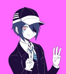 Rule 34 | 1boy, ahoge, black hair, blue necktie, brown eyes, cele (310v3), closed mouth, commentary, danganronpa (series), danganronpa v3: killing harmony, diagonal-striped clothes, diagonal-striped necktie, diagonal-striped neckwear, english commentary, hair over one eye, hands up, hat, highres, jacket, long sleeves, looking at viewer, male focus, necktie, official alternate costume, one eye closed, pale skin, pink background, saihara shuichi, shirt, short hair, simple background, smile, solo, striped clothes, striped necktie, striped neckwear, twitter username, upper body, v, w, white shirt