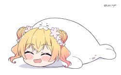 Rule 34 | :d, ^ ^, animal costume, blonde hair, blush stickers, chibi, closed eyes, commentary, double bun, english commentary, closed eyes, fang, flower, hair bun, hair flower, hair ornament, hololive, kukie-nyan, momosuzu nene, open mouth, seal (animal), seal costume, smile, solo, two side up, virtual youtuber, |d