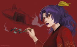 Rule 34 | 1girl, artist request, blowing smoke, highres, holding, holding smoking pipe, japanese clothes, kimono, kiseru, komakusa sannyo, lipstick, long hair, looking at viewer, makeup, open mouth, purple hair, purple lips, red background, red eyes, red robe, ribbon, robe, simple background, smoking, smoking pipe, solo, tobacco, touhou, upper body, yellow ribbon