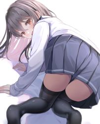 Rule 34 | 1girl, all fours, ass, black skirt, black thighhighs, blush, brown eyes, brown hair, collared shirt, commentary, english commentary, eyebrows hidden by hair, hair between eyes, highres, long sleeves, looking at viewer, looking back, multicolored hair, no shoes, original, pleated skirt, seero, shirt, skirt, sleeves past wrists, soles, solo, thighhighs, two-tone hair, white background, white shirt