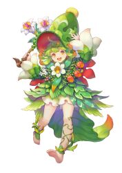Rule 34 | 1boy, androgynous, barefoot, flower, food, fruit, full body, green hair, haccan, hat, highres, holding, holding wand, julei (visions of mana), leaf, leaf clothing, official art, open mouth, orange eyes, pointy ears, second-party source, seiken densetsu, shorts, smile, solo, transparent background, visions of mana, wand
