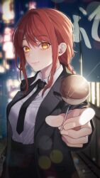 Rule 34 | 1girl, black coat, black necktie, black pants, blurry, blurry background, blush, bokeh, braid, braided ponytail, brown hair, candy, chainsaw man, coat, depth of field, food, foreshortening, highres, holding, holding candy, holding food, incoming food, lollipop, looking at viewer, makima (chainsaw man), necktie, onyang, outdoors, pants, ringed eyes, shirt, sidelocks, smile, solo, white shirt