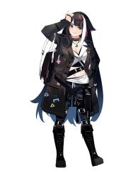 Rule 34 | 1girl, azur lane, bag, black hair, blue eyes, boots, camouflage, camouflage pants, casual, choker, cross, cross-laced footwear, deutschland (azur lane), fang, german flag, highres, iron cross, jacket, knee boots, lace-up boots, long hair, mania (fd6060 60), medal, midriff, military jacket, multicolored hair, navel, pants, red hair, solo, streaked hair, white hair