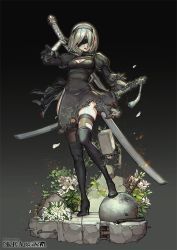 Rule 34 | 1girl, 2b (nier:automata), bad id, bad pixiv id, black background, black thighhighs, blindfold, boots, copyright name, dress, flower, full body, high heels, holding, holding sword, holding weapon, honnou (kjs9504), industrial pipe, nier:automata, nier (series), parted lips, pod (nier:automata), rebar, short hair, silver hair, solo, standing, sword, thigh boots, thighhighs, torn clothes, torn legwear, torn thighhighs, weapon