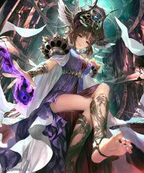 Rule 34 | 1girl, barefoot, blue eyes, breasts, brown hair, cape, cleavage, closed mouth, dress, from below, head wings, highres, horns, indoors, irua, large breasts, long hair, looking at viewer, magic, nephthys (grandblue fantasy), purple dress, shadowverse, shiny skin, sitting, sleeveless, sleeveless dress, smile, soles, solo, white cape, wings