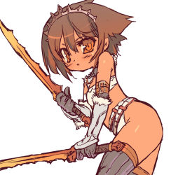 Rule 34 | ass, bad id, bad pixiv id, blade (galaxist), brown eyes, brown hair, capcom, crown, gloves, hat, monster hunter (series), solo, sword, thighhighs, weapon