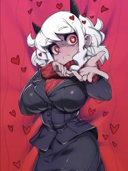 Rule 34 | 1girl, absurdres, black horns, black suit, black tail, breasts, demon girl, demon horns, demon tail, formal, heart, heart-shaped pupils, helltaker, highres, horns, large breasts, lying, modeus (helltaker), on back, red eyes, red sweater, ribbed sweater, shiny skin, short hair, slugbox, solo, suit, sweater, symbol-shaped pupils, tail, white horns