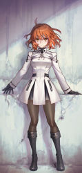 Rule 34 | black gloves, boots, closed mouth, command spell, decisive-battle chaldea uniform, fate/grand order, fate (series), fujimaru ritsuka (female), full body, gloves, looking at viewer, na222222, official alternate costume, orange hair, pantyhose, serious, short hair, solo, v-shaped eyebrows, yellow eyes