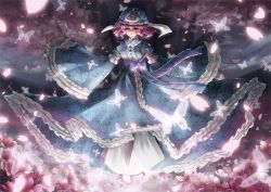 Rule 34 | 1girl, bow, bug, butterfly, cherry blossoms, female focus, floating, flower, frills, hat, bug, japanese clothes, kimono, light, light smile, open mouth, outstretched arms, pink eyes, pink hair, saigyou ayakashi, saigyouji yuyuko, short hair, sleeves past wrists, solo, spread arms, touhou, vetina, wide sleeves
