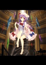 Rule 34 | 1girl, bare legs, barefoot, blush, book, book stack, bow, bowtie, crescent, crystal, dress, female focus, floating, floating object, gem, hair bow, hat, kaguyuu, legs, letterboxed, library, long hair, patchouli knowledge, pink dress, purple eyes, purple hair, red eyes, sitting, sitting on object, solo, touhou, voile