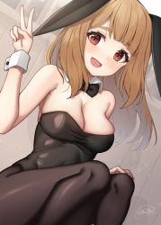 Rule 34 | 1girl, :d, bare shoulders, binsen, black bow, black bowtie, black leotard, black pantyhose, blush, bow, bowtie, breasts, brown hair, cleavage, collar, detached collar, dutch angle, feet out of frame, hand up, highres, idolmaster, idolmaster million live!, leotard, long hair, looking at viewer, medium breasts, miyao miya, open mouth, pantyhose, playboy bunny, red eyes, signature, smile, solo, squatting, strapless, strapless leotard, thick eyebrows, v, very long hair, white collar, wing collar, wrist cuffs
