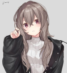 Rule 34 | 1girl, artist name, black jacket, grey background, grey hair, grey sweater, hair between eyes, hand up, head tilt, highres, jacket, jimmy madomagi, long hair, long sleeves, looking at viewer, mole, mole under mouth, open clothes, open jacket, original, parted lips, puffy sleeves, red eyes, ribbed sweater, simple background, solo, sweater, turtleneck, turtleneck sweater, upper body